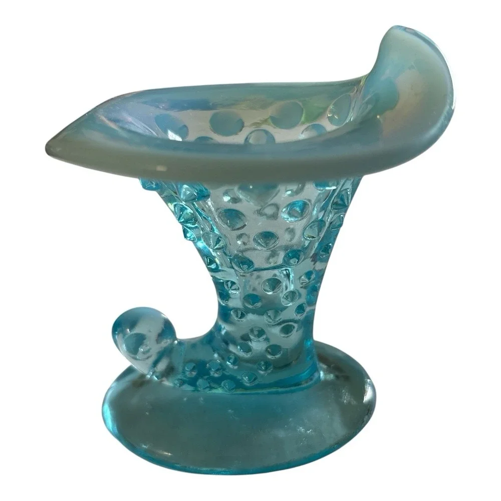 Vintage Fenton Blue Opalescent Hobnail Cornucopia Vase/Candle Holder Set #11